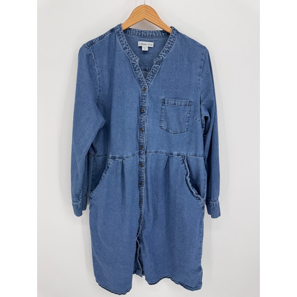 Coldwater Creek Denim Shirt Dress Womens 16 Blue Chambray Coastal Western Modest